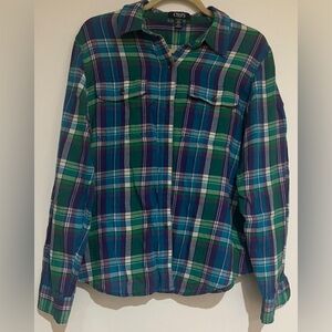 Women’s Plaid Button-Up Shirt in Blue and Green